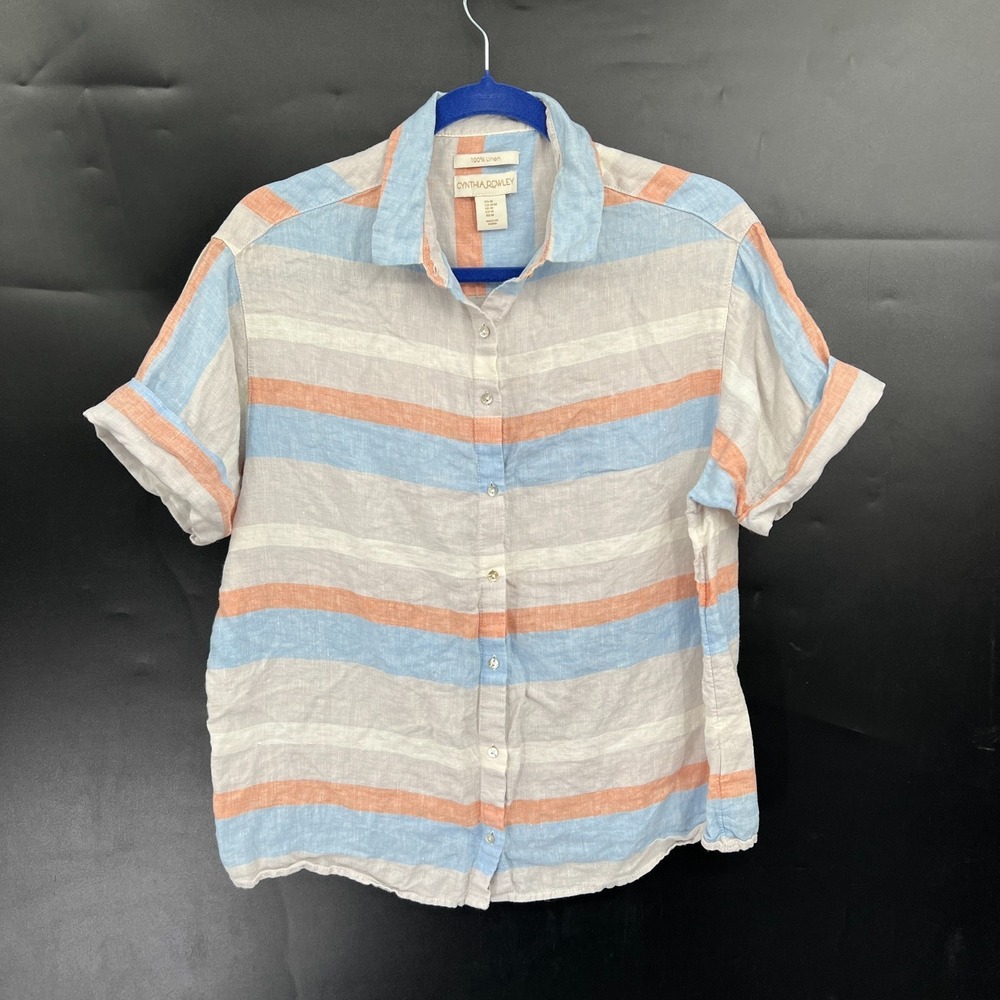 Cynthia Rowley 100% linen stripe button front pastel shirt coastal grandma top M